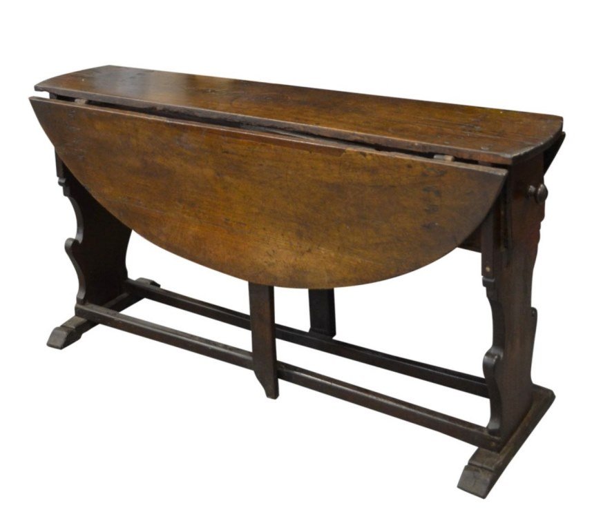 Trestle Table, Drop Leaf, English, Late 17th c.: Trestle table Wood: Oak Joinery: Mortise and tenon Features: An English trestle table with two drop leafs and two long drawers at each end. Date: Late 17th century Provenance: The estate of Arthur J C