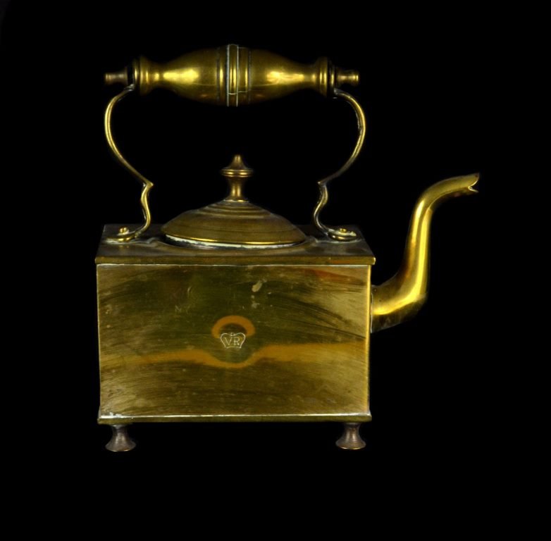 Kettle, English, Military, Queen Victoria C.1860: Kettle Material: Brass Construction: Cast Features: English kettle, the type used in the field military. Embossed "VR" within the Queen Victoria Crest. Style: English, Military Field Period: c. 1860 S