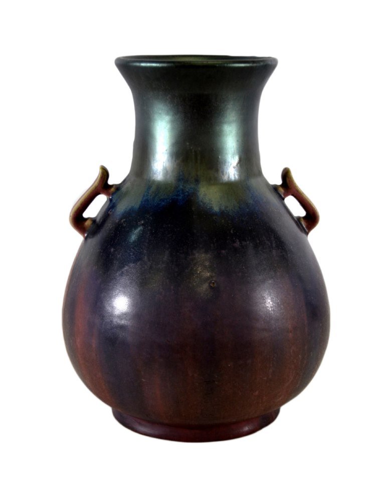 Vase, Fulper Pottery, Twin Handle, Early 20th C: Form: Vase Decoration: Twin handled vase. Colors: Puple, blue, teal Markings: Marked on base Date: Early 20th Century Size: 11" H x 8" Diameter Weight: 7 pounds Condition: Possible restorations. Histo