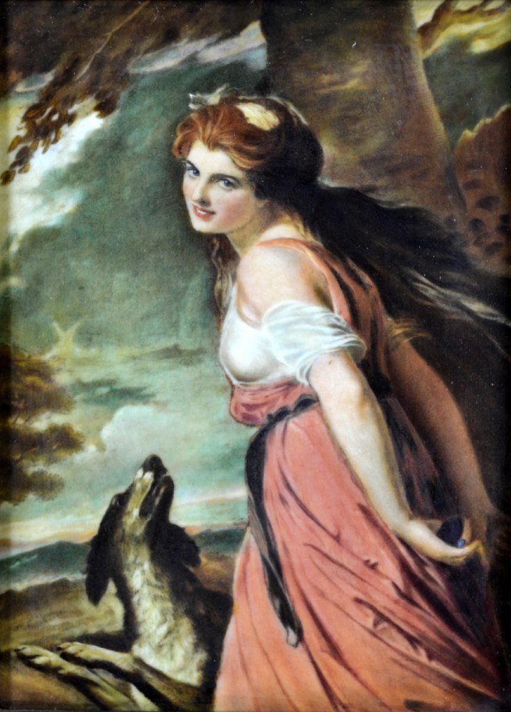 Plaque, Porcelain, Rosenthal, Lady Hamilton: Form: Plaqure Components: Hard paste Decoration: Depicts Lady Hamilton with her dog. Verso has a Rosenthal Germany mark. Below it reads "Lady Hamilton Designs by George Romney 1734-1802." Mounted in a