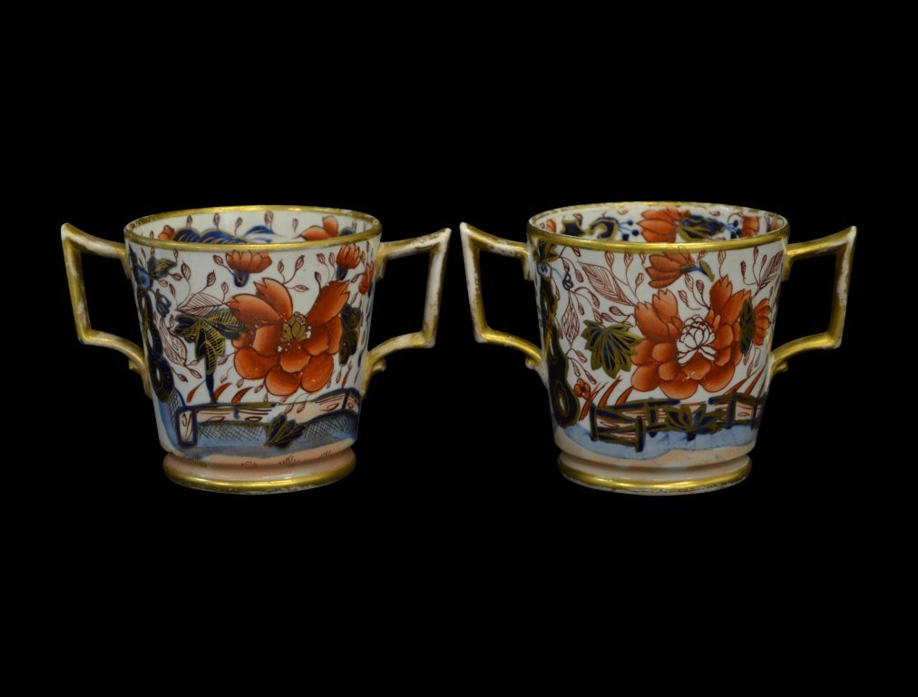 Cups, Pair, Chocolate, Mason Ironstone, c. 1820: Form: Teacups Components: Hard Paste Decoration: Floral pattern, hand painted, glazed and gilded. Colors: Multi. Red, Blue, Gold Markings: None Date: c. 1820 Provenance: The estate of Arthur J. Connol