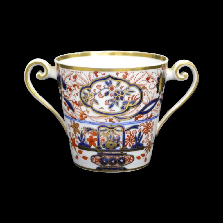 Cup, Gilded Imari, Spode, c. 1820: Form: Cup Components: Hard Paste Decoration: Underglaze blue transfer printing with floral Imari pattern. Gilded borders. Colors: Multi. Red, Blue, Gold Markings: Spode 2203 Date: c. 1820 Provenance: 