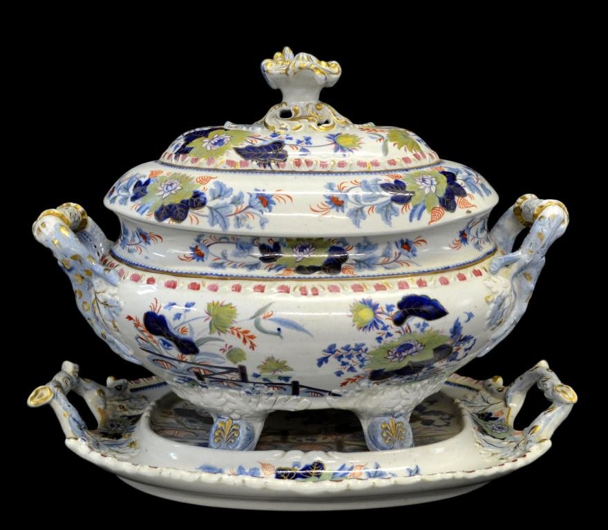 Tureen, Hicks & Meigh c.1806-22, 3-pcs: Form: Tureen, Hicks, & Meigh Components: Tureen, Hicks, & Meigh Decoration: Flowered Pattern, glazed, gilded highlights, and colored details. Handles resemble tree branches. Colors: White, Blue, Pink 