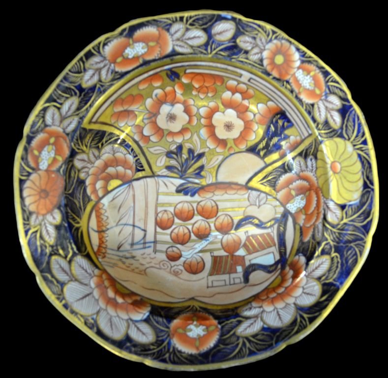 2 Bowls, Schoolhouse, Mason Ironstone, C. 1820: Form: Bowl Components: Hard Paste Decoration: Schoolhouse bowls. Floral pattern throughout plate, glazed and gilded. Colors: Gold, Red, Blue Markings: Masons Patent Ironstone China Date: c. 1820 Prove