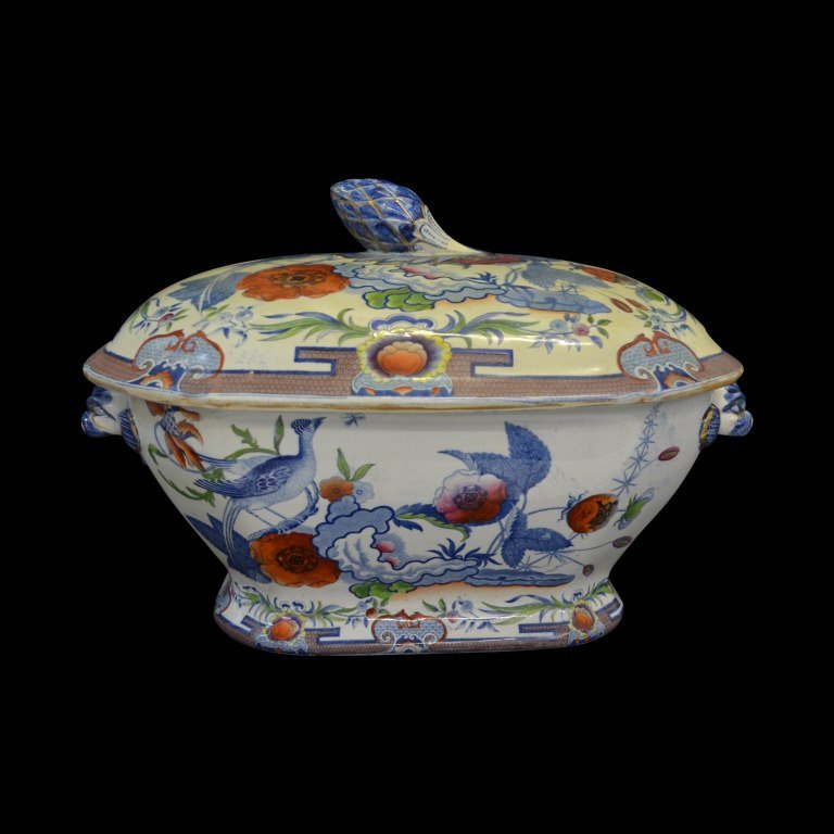 Tureen, Ironstone, Hicks Meigh, C. 1820: Form: Tureen Components: Hard Paste Decoration: Lidded tureen with fruit finial. Decorated with birds, flowers, and scroll with gilt highlights. Handles depict a creatures head with its mouth open. Co