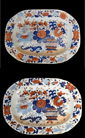 Platters, Pair, Mason Ironstone, C. 1810-25: Form: Platters Components: Hard paste Decoration: Two Mason Ironstone platters depicting flowers. Colors: Blue & red Markings: Marked on bottom Date: c. 1810-25 Provenance: The estate of Arthur J. Con