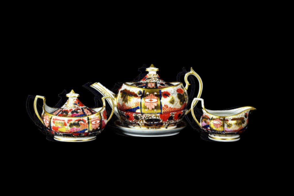 Tea Service, 3-part, Worcester,Chamberlain, c1810: Form: Tea Service Set Components: Hard Paste Decoration: Floral Pattern. Hand painted, glazed and gilded Imari. Colors: Multi. Blue, Red, Gold, White Markings: Worcester inside top cover Date: c1810 P