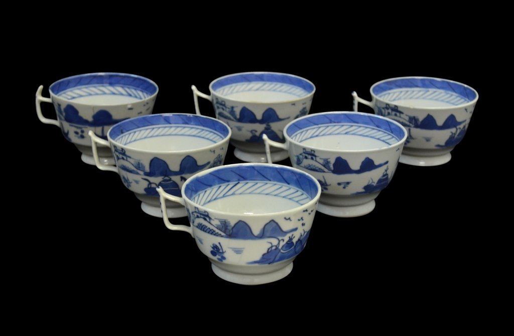 (6) Cups, Chinese Export, Canton, c.1830: Form: 6 cups Components: Hard paste Decoration: Each cup decorated in the blue willow pattern with blue marks inside. Colors: Blue & white Date: c. 1830 Size: Each: 2.5" H x 3.75" Diameter Weight: 2 p