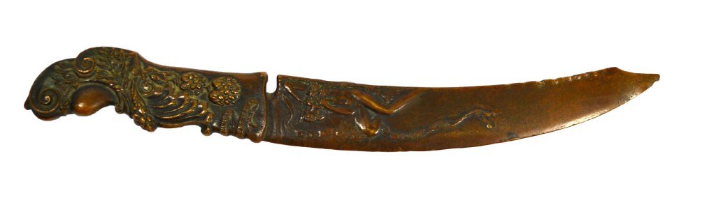 Bronze Letter Opener, Henry Bonnard Co. c 1900: Letter opener Material: Bronze Construction: Cast Marks: (See Features) Features: The handle has floral and scroll decoration and reads "The Henry Bonnard Bronze Co. NY." One side of the blade depicts