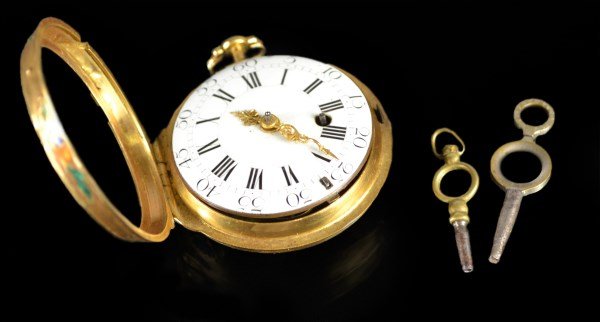 Watch,Julien Le Roy, 20k Gold/enamel,18th century: Pocket watch Material: 20 k gold case, porcelain & enamel Period: c. 1755 Features: A Julien Le Roy pocket watch with a repeater mechanism. It is encased in a 20k gold case with enameled decoration on