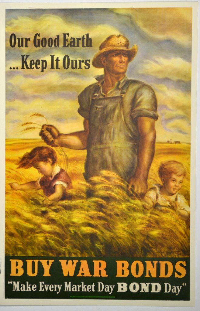 WWII Our Good Earth, Keep it Ours, J.S. Curry: Artist: John Steuart Curry Artist Dates: 1897-1946 Signed Within Plate: Yes Date of Work: 1942 Description: Curry’s image of a young farmer in a Kansas wheat field with two children playing at his s