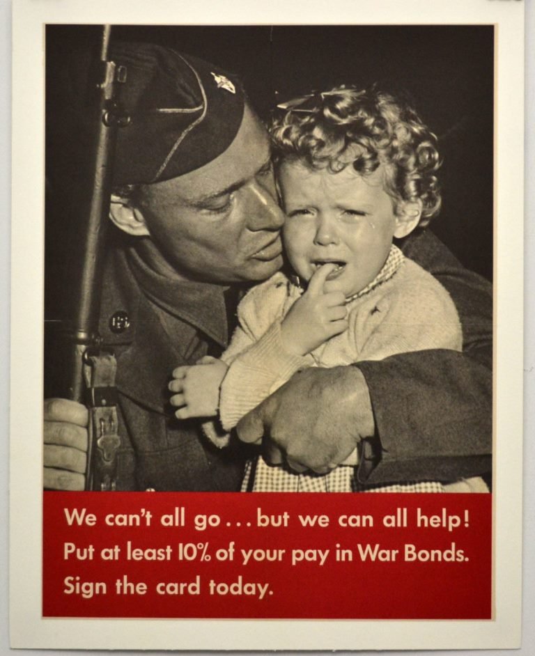 WWII We Can't All Go, Put 10% of Pay on War Bonds: Artist: Anonymous Artist Dates: Unknown Signed Within Plate: None Date of Work: 1939-1945 Description: A black and white image of soldier holding his child. Below the image: "We can't all go... but we