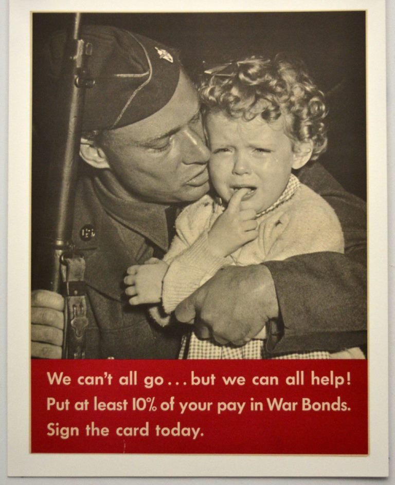 WWII We Can't All Go, Put 10% of Pay on War Bonds: Artist: Anonymous Artist Dates: Unknown Signed Within Plate: None Date of Work: 1939-1945 Description: A black and white image of soldier holding his child. Below the image: "We can't all go... but we