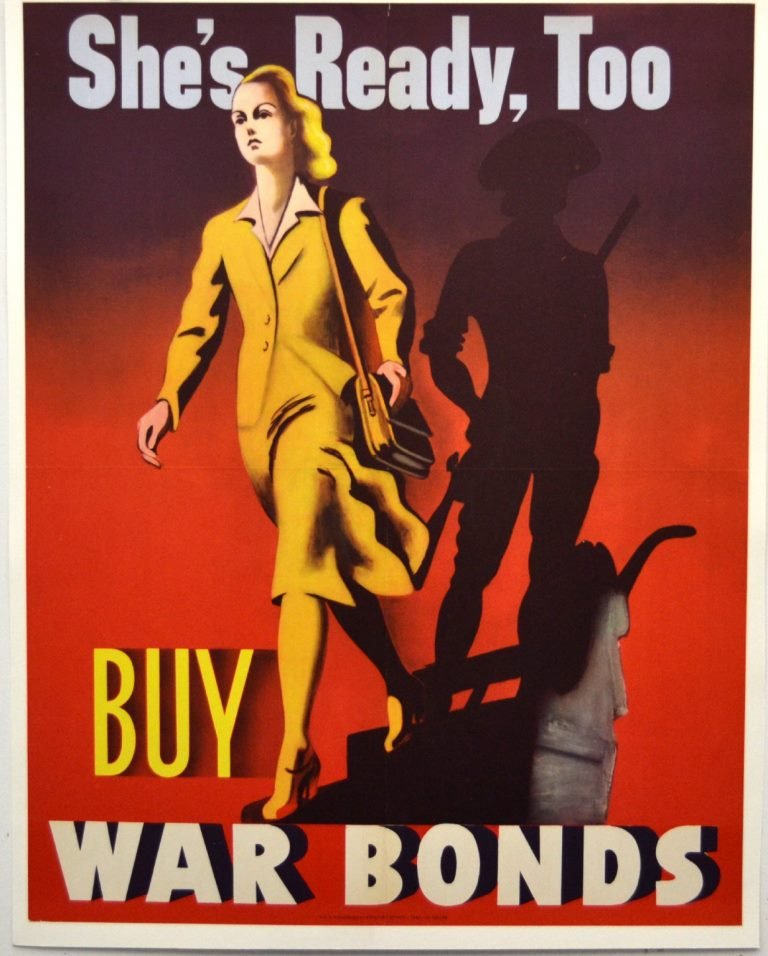 WWII She's Ready, Too - Buy War Bonds: Artist: Anonymous Artist Dates: Unknown Signed Within Plate: None Date of Work: 1942 Description: This poster is highlighted by a woman in a business suit walking briskly while telling us to buy bonds