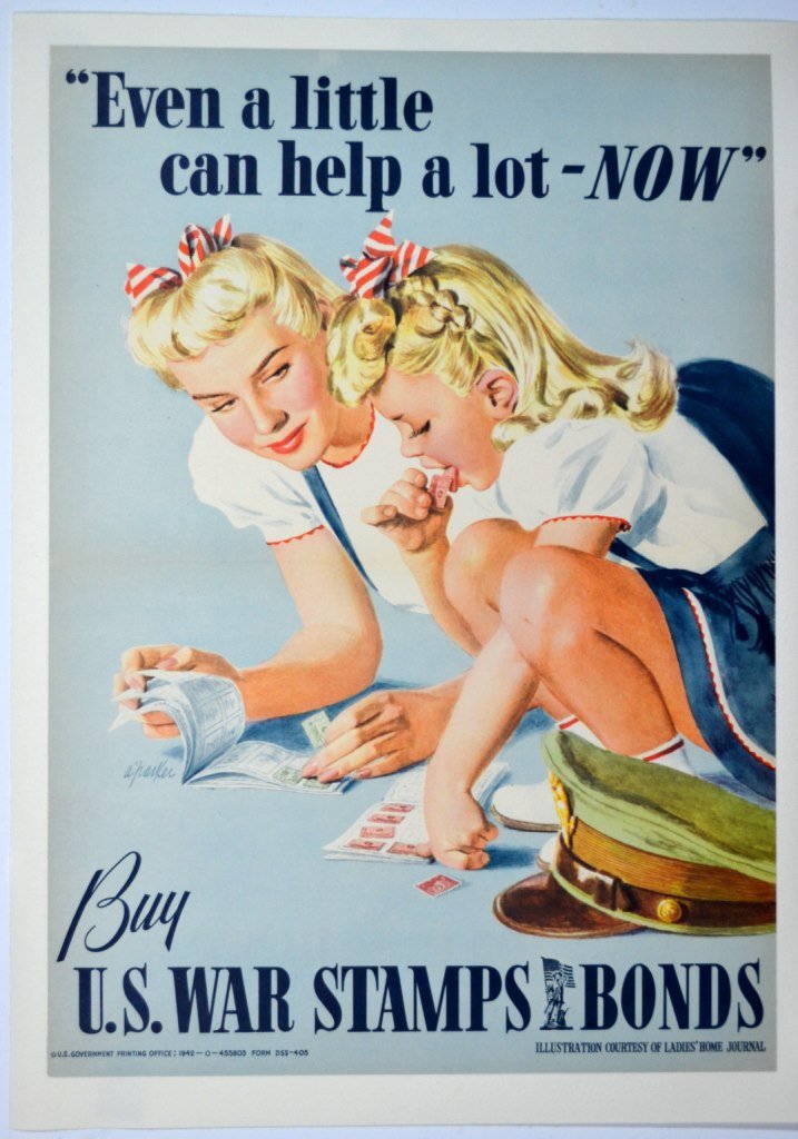 WWII Even a Little Can Help a Lot - Now, Parker: Artist: Alfred Charles Parker Artist Dates: 1906-1985 Signed Within Plate: Yes Date of Work: 1942 Description: This poster shows an idealized mother and daughter dutifully using war stamps. This poste