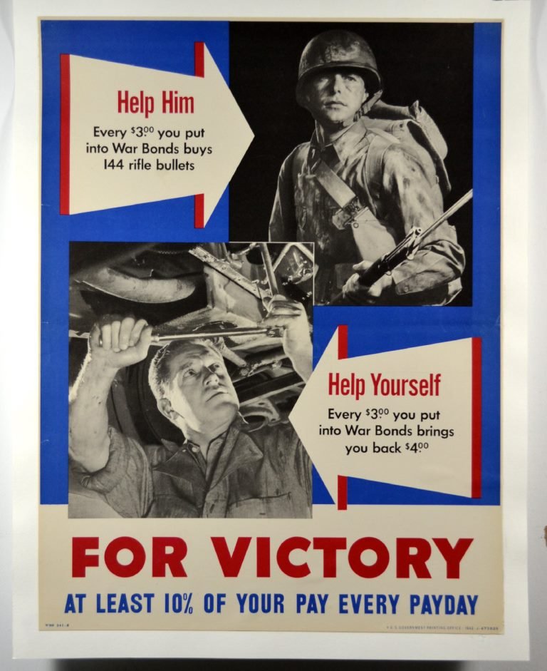 WWII Help Him, Help Yourself, For Victory: Artist: Anonymous Artist Dates: Unknown Signed Within Plate: None Date of Work: 1942 Description: This poster features black and white photographs, with large arrows containing captions pointing to ea