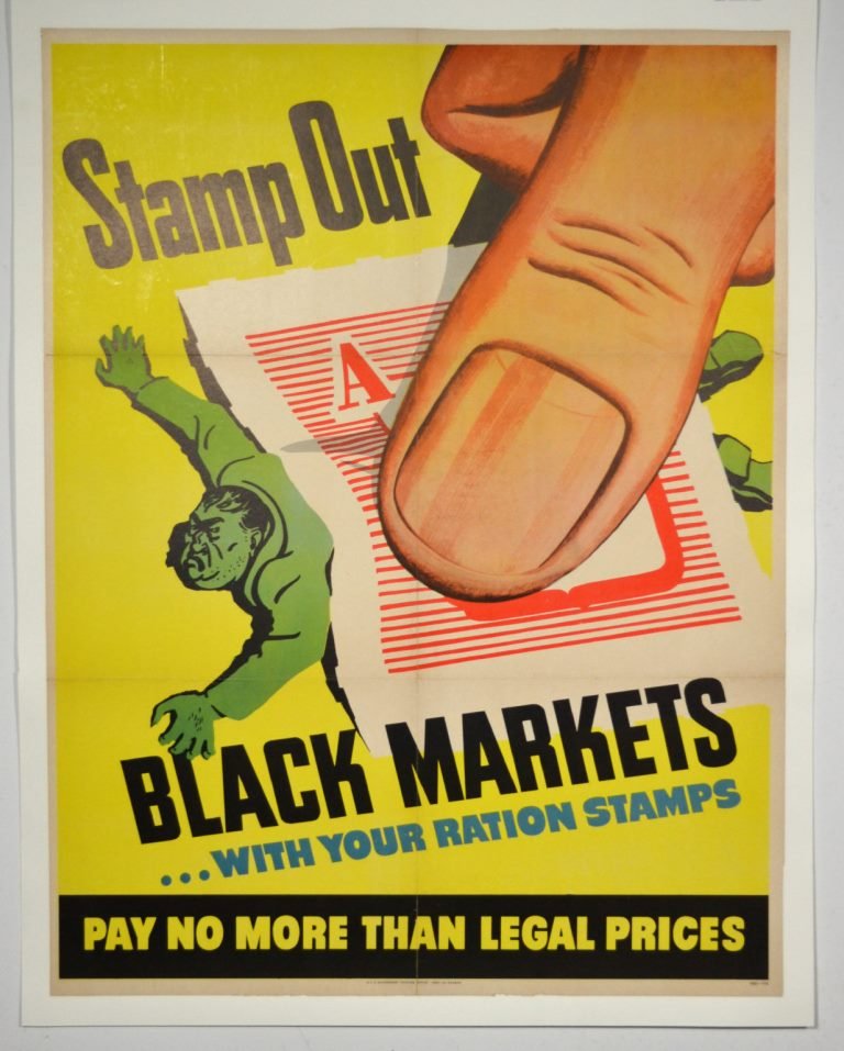 WWII Stamp Out Black Markets: Artist: Anonymous Artist Dates: Unknown Signed Within Plate: None Date of Work: 1943 Description: This poster depicts a giant thumb pressed down on a ration stamp squashing a man. The Office of Price