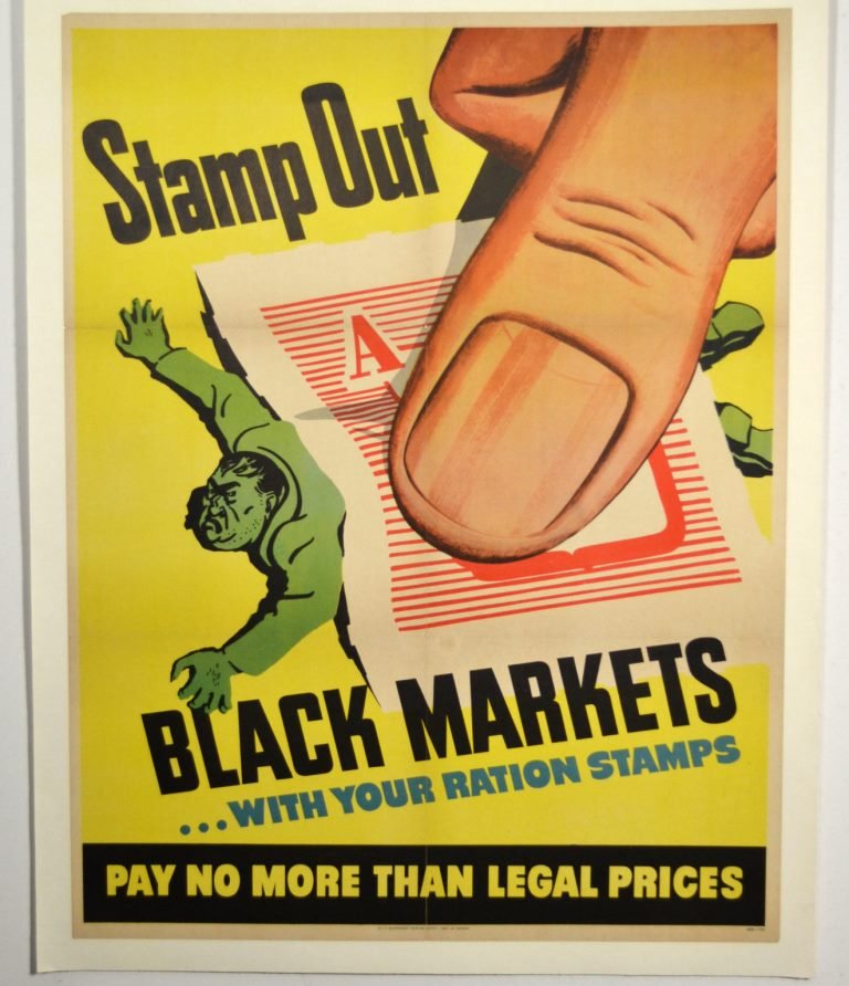 WWII Stamp Out Black Markets: Artist: Anonymous Artist Dates: Unknown Signed Within Plate: None Date of Work: 1943 Description: This poster depicts a giant thumb pressed down on a ration stamp squashing a man. The Office of Price