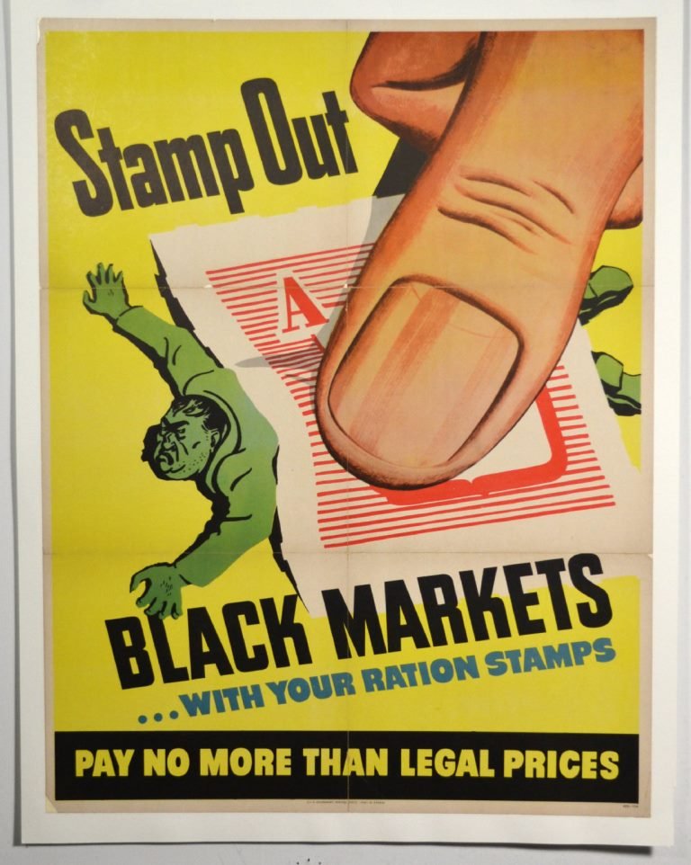 WWII Stamp Out Black Markets: Artist: Anonymous Artist Dates: Unknown Signed Within Plate: None Date of Work: 1943 Description: This poster depicts a giant thumb pressed down on a ration stamp squashing a man. The Office of Price