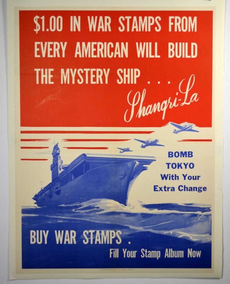 WWII $1 In War Stamps From Every American: Artist: Anonymous Artist Dates: Unknown Signed Within Plate: None Date of Work: 1943 Description: This war savings stamps poster promotes an effort to build an aircraft carrier with contributions of $