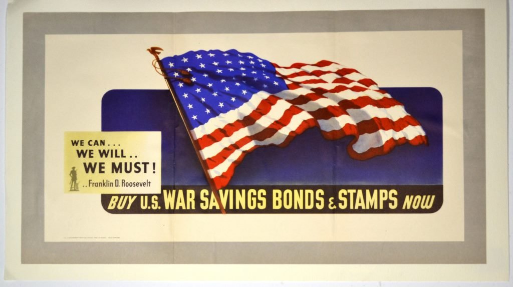 WWII We Can We Will and We Must, Roosevelt: Artist: Anonymous Artist Dates: N/A Signed Within Plate: No Date of Work: 1943 Description: This poster was created by the U.S. Department of Treasury in 1943. It showcases an image of a flying U.S. f