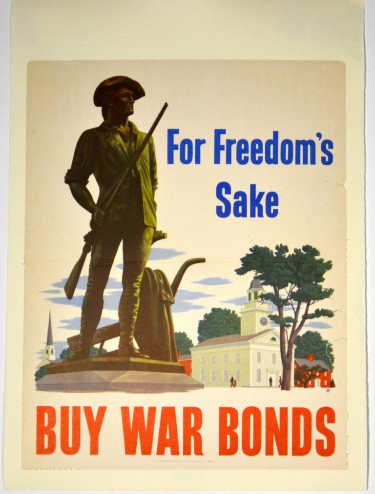 WWII For Freedom's Sake Buy War Bonds, Atherton: Artist: John Atherton Artist Dates: (1900 - 1952) Signed Within Plate: Yes Initialed JA Date of Work: 1943 Description: This poster displays a colonial militiaman holding a rifle with his hand on a pl