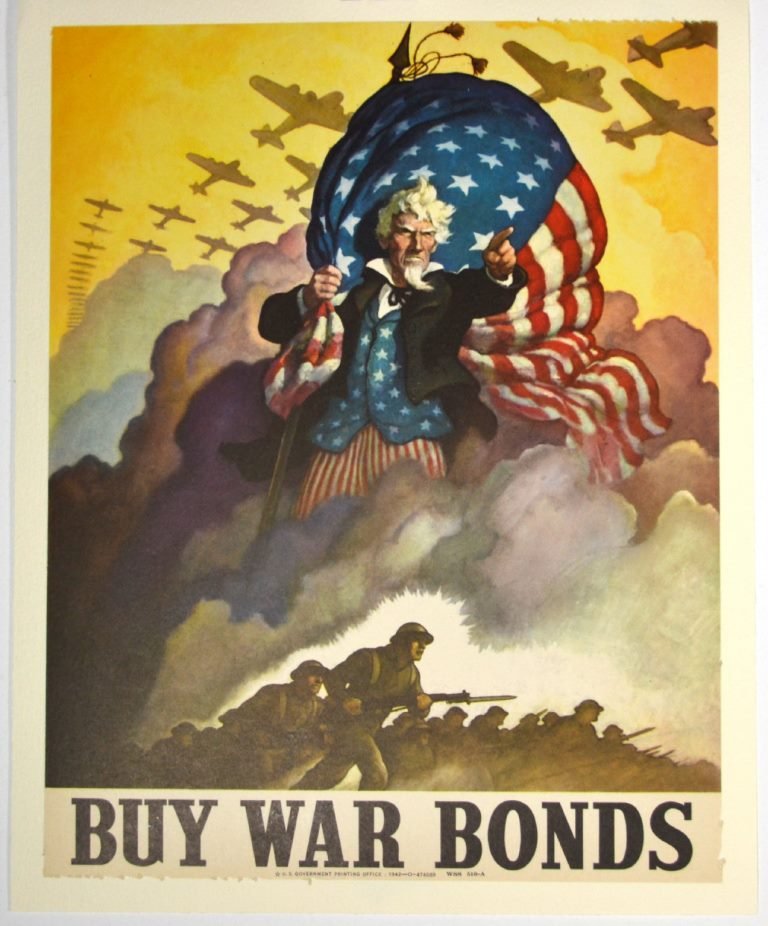 WWII, Buy War Bonds, Uncle Sam, N.C. Wyeth: Artist: Newell Convers Wyeth Artist Dates: 1882 -1945 Signed Within Plate: Attributed N.C. Wyeth Date of Work: 1942 Description: This stirring image by famed illustrator N.C. Wyeth used loaded cultura