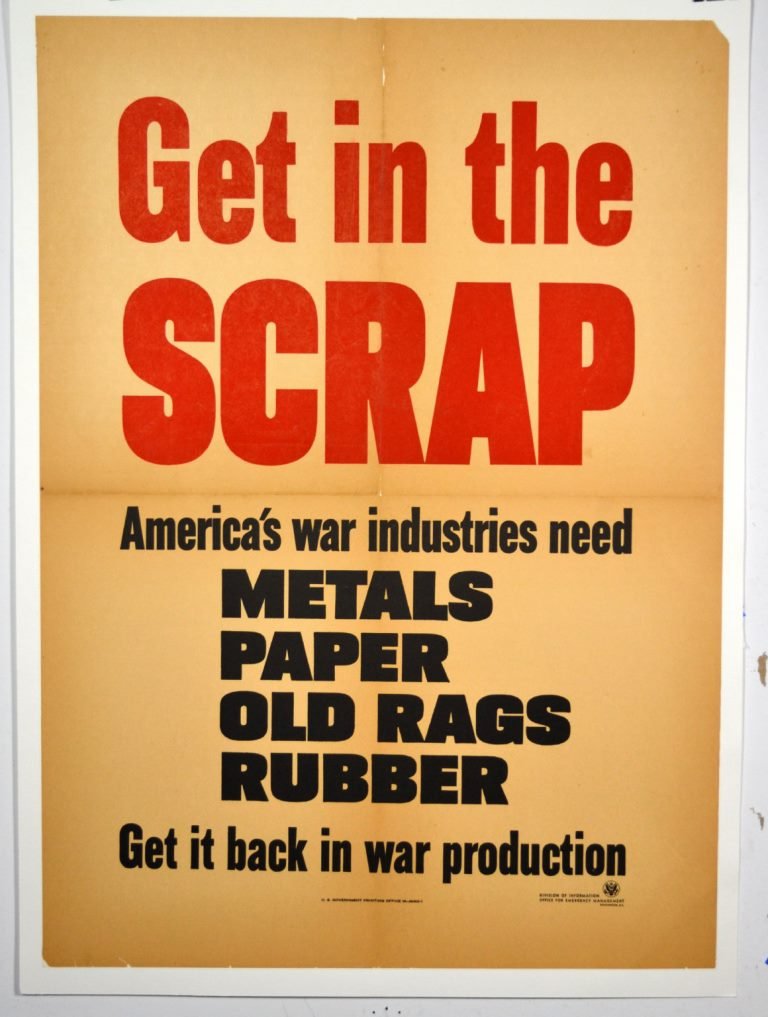 WWII Get in the Scrap, America's War Industries: Artist: Unknown Artist Dates: Unknown Signed Within Plate: None Date of Work: 1939-1945 Description: Poster alerts citizens America's war industries need metals, paper, old rags and rubber to support