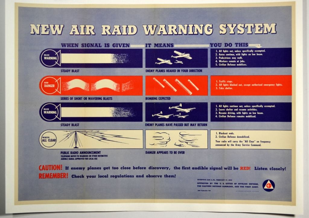 WWII New Air Raid Warning System: Artist: Anonymous Artist Dates: Unknown Signed Within Plate: None Date of Work: 1943 Description: New Air Raid Warning System depicts a chart described what civilians should do in the event of an atta