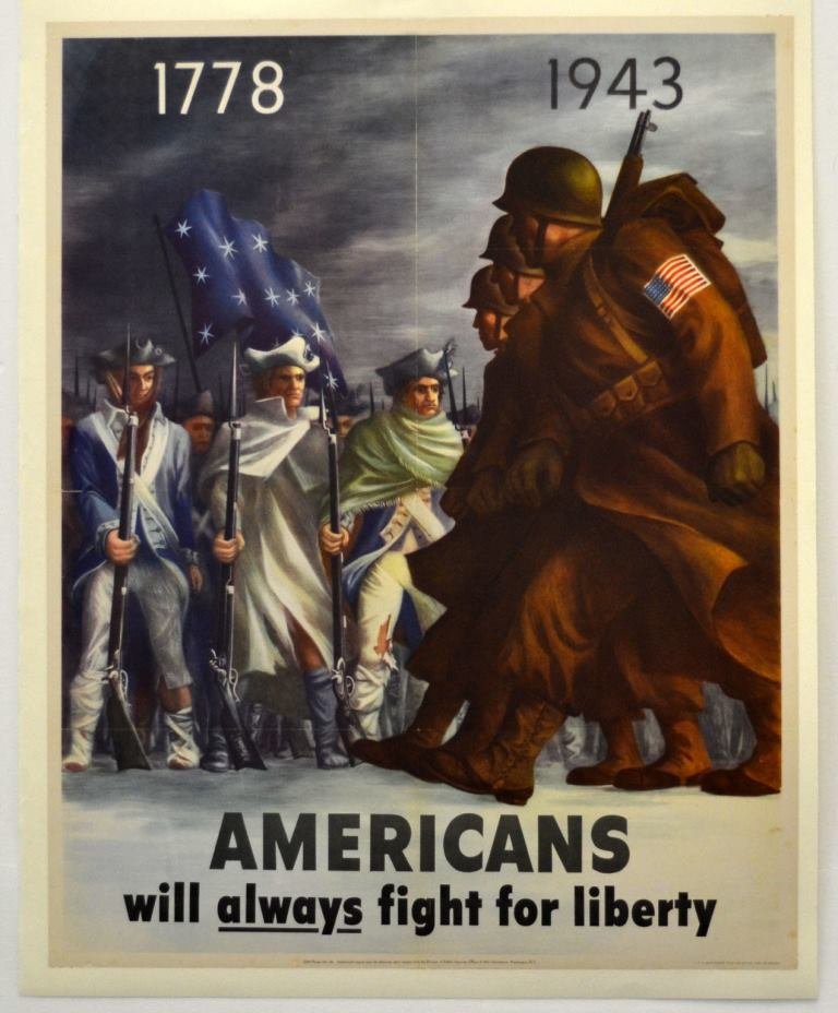 WWII American's Will Always Fight For Liberty: Artist: Bernard Perlin Artist Dates: 1918- Signed Within Plate: Yes Date of Work: 1943 Description: In this poster, U.S. soldiers in helmets and coats march forward on snow, looking back in review at