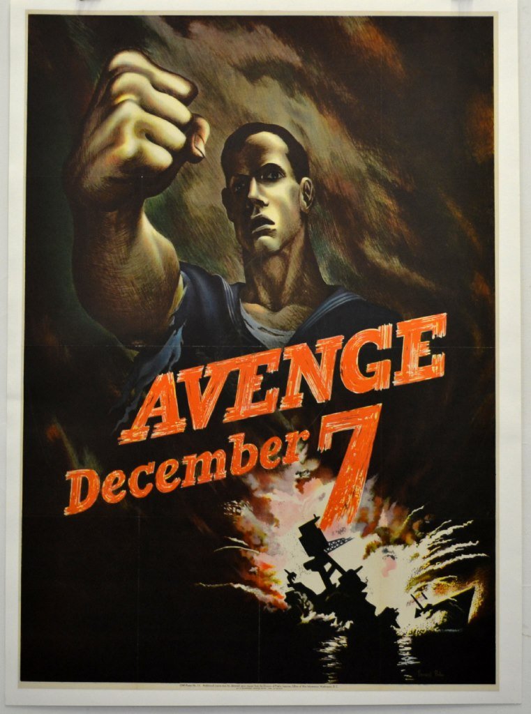 WWII Avenge December 7, Perlin: Artist: Bernard Perlin Artist Dates: 1918- Signed Within Plate: Yes Date of Work: 1942 Description: This original WWII poster depicts a sailor with his fist raised, standing above a scene of an explod