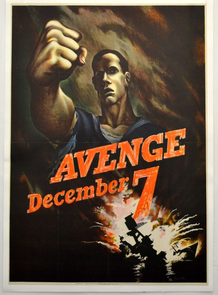 WWII Avenge December 7, Perlin: Artist: Bernard Perlin Artist Dates: 1918- Signed Within Plate: Yes Date of Work: 1942 Description: This original WWII poster depicts a sailor with his fist raised, standing above a scene of an explod