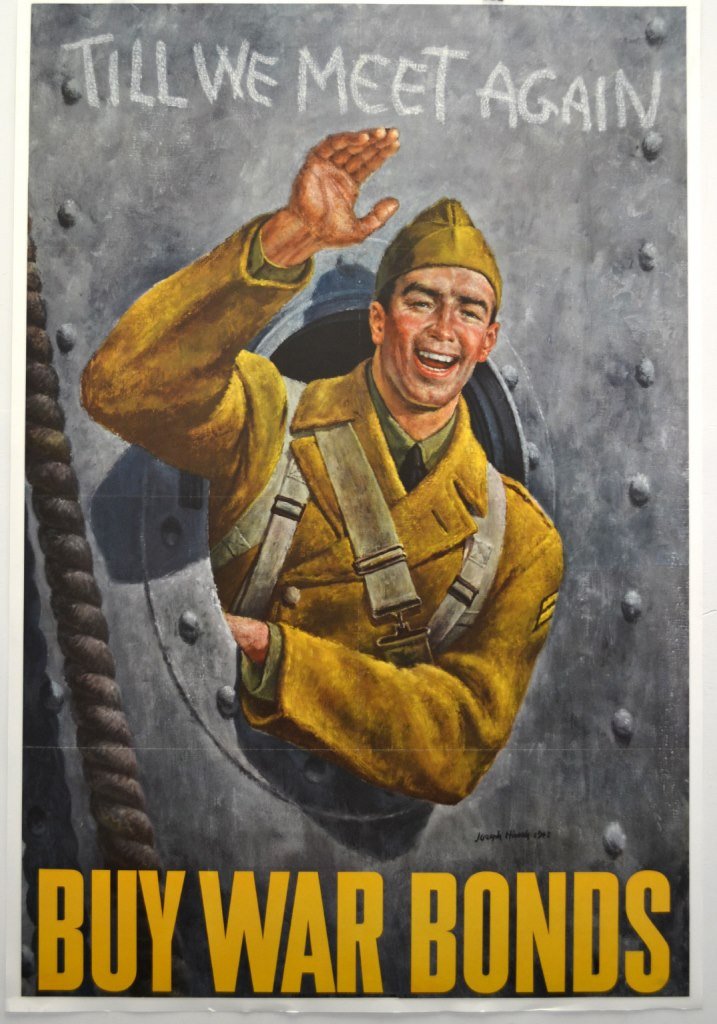 WWII Till We Meet, Buy War Bonds, X-Large: Artist: Joseph Hirsch Artist Dates: 1910-1981 Signed Within Plate: Yes Date of Work: 1943 Description: Joseph Hirsch’s original painting “Till We Meet Again” became the most widely reproduced Wa