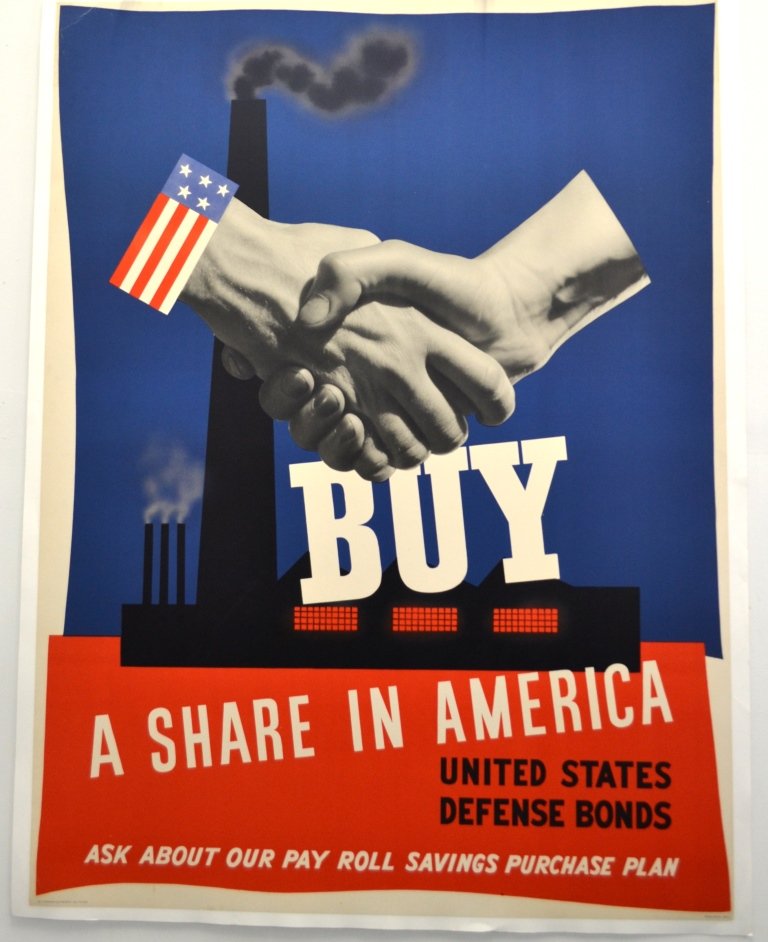 WWII Buy A Share In America, X-Large: Artist: Anonymous Artist Dates: Unknown Signed Within Plate: None Date of Work: 1941 Description: Poster conveys a handshake, one from the U.S and the other from an ordinary citizen. The message indic