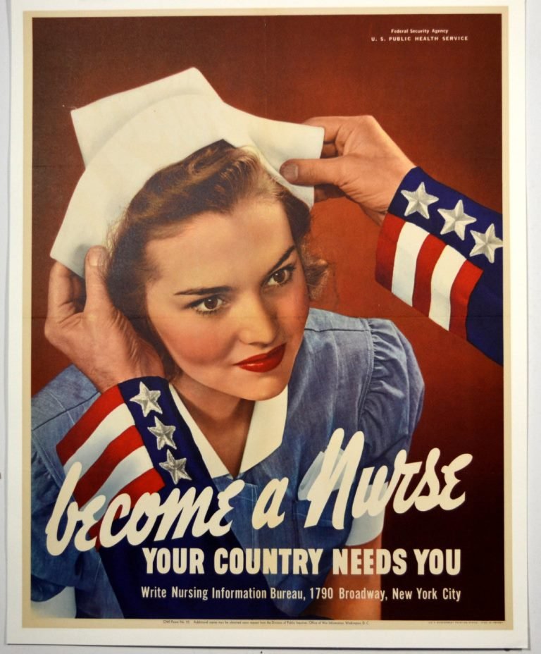 WWII Become a Nurse Your Country Needs You: Artist: Anonymous Artist Dates: Unknown Signed Within Plate: None Date of Work: 1942 Description: Poster shows a young woman receiving her nursing cap. A male (only the hands and sleeves are shown) is