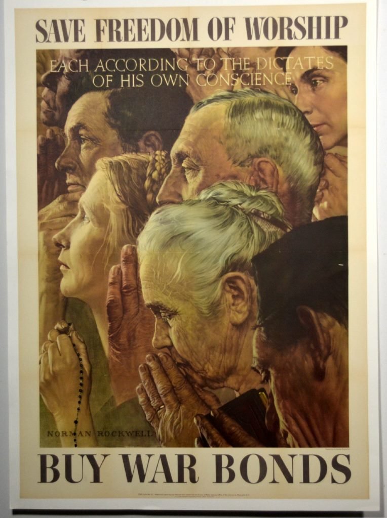 WWII Safe Freedom of Worship,Norman Rockwell: Artist: Norman Rockwell Artist Dates: 1894-1978 Signed Within Plate: Yes Date of Work: 1943 Description: “Save Freedom of Worship” was the second of Norman Rockwell’s Four Freedoms to be publish