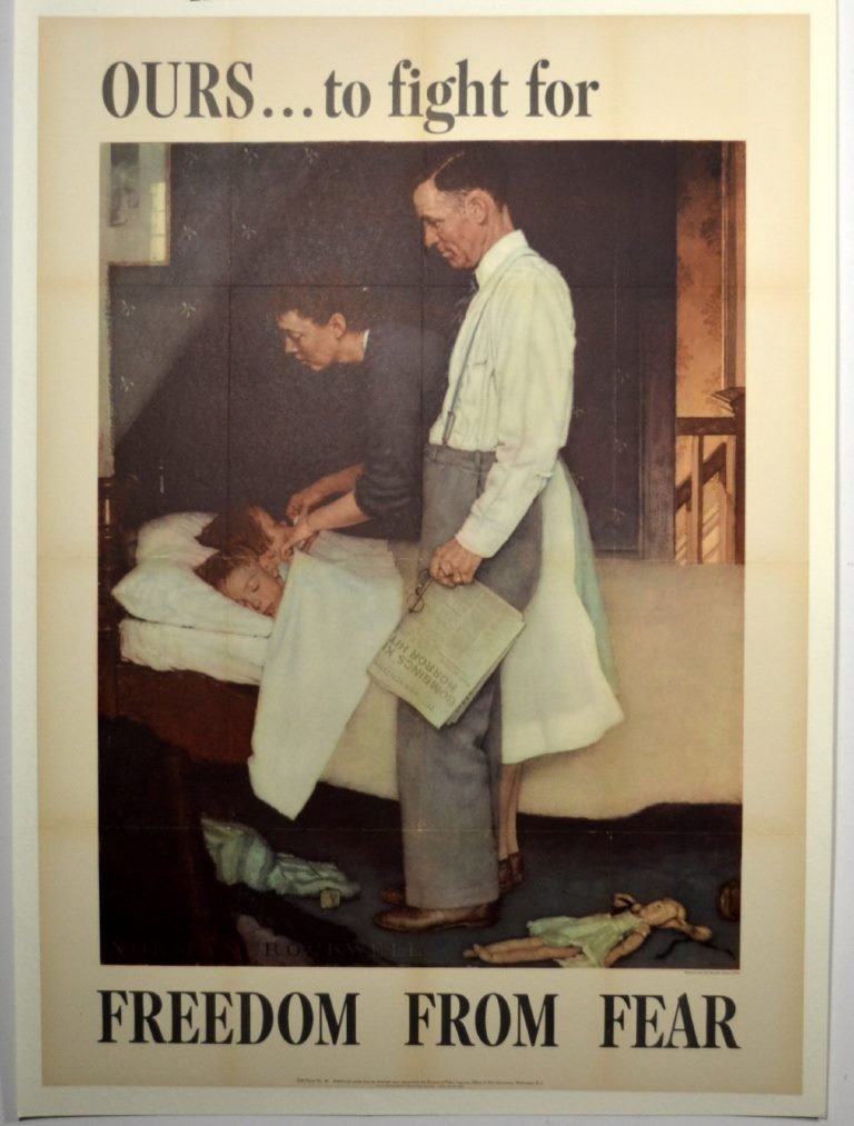 WWII Freedom From Fear, Norman Rockwell: Artist: Norman Rockwell Artist Dates: 1894-1978 Signed Within Plate: Yes Date of Work: 1943 Description: Rockwell’s painting shows a father and mother tucking their two children in at bedtime. The m