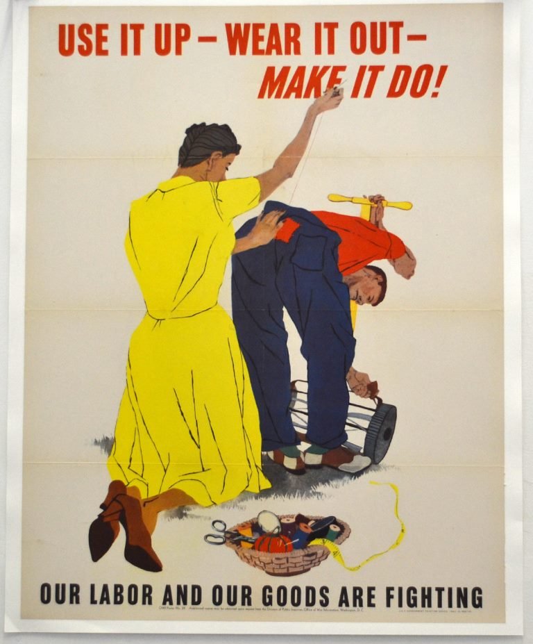 WWII Use it Up, Wear it out, Make it Due: Artist: Robert Gwathmey Artist Dates: 1903-1988 Signed Within Plate: Attributed Date of Work: 1943 Description: In this poster a woman is patching up man’s britches with needle and thread while he o