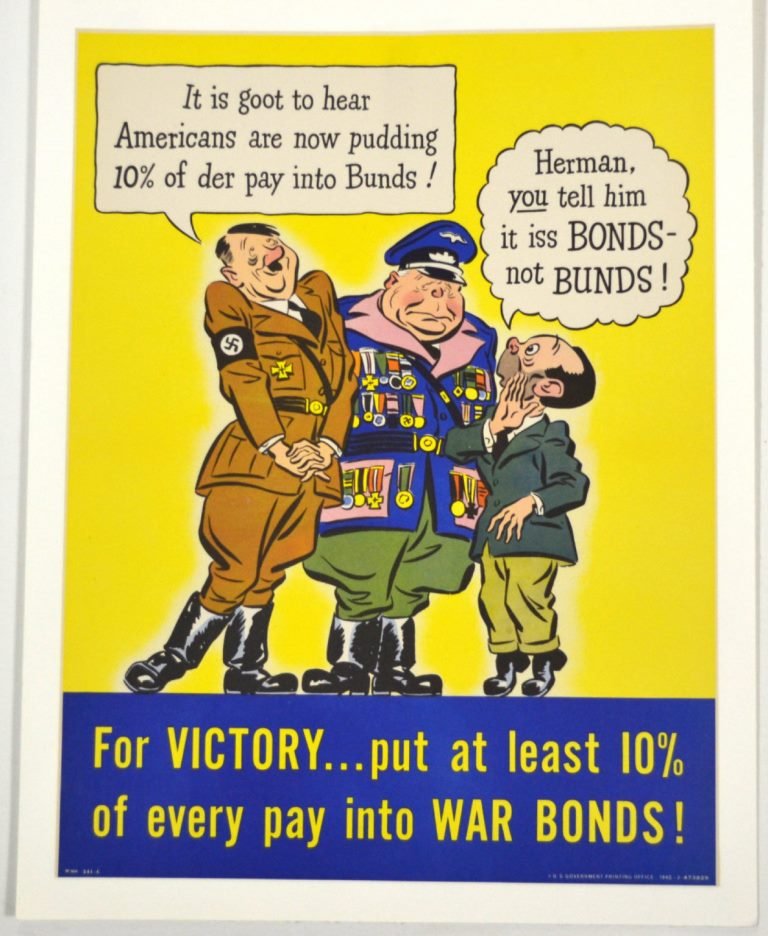 WWII For Victory Put 10% Pay into War Bonds: Artist: Anonymous Artist Dates: Unknown Signed Within Plate: No Date of Work: 1942 Description: Poster states "It is goot to hear Americans are now pudding 10% of der pay into Bunds!" This collection