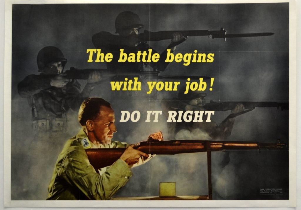 WWII The Battle Begins with Your Job: Artist: Anonymous Artist Dates: Unknown Signed Within Plate: None Date of Work: 1942 Description: Three soldiers with guns, one in color and the other two in black and white, shoot their rifles in thi