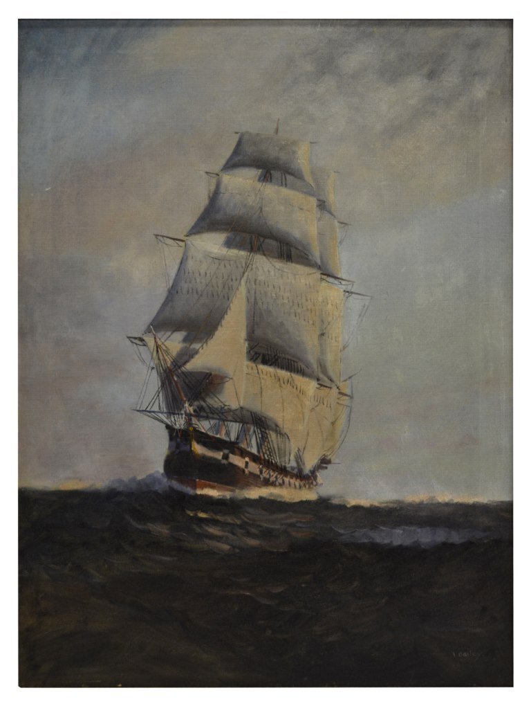 O/C "Merchant Ship" by T. Bailey: Description: O/C "Merchant Ship" by T. Bailey Medium: Oil Support: Canvas Artist: T. Bailey Artist Dates: 20th Century Country of Origin: United States of America Title & Description: Painting depi