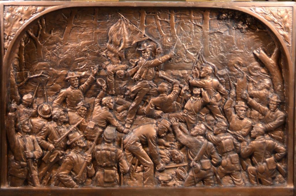 Plaster 'Battle of Missionary Ridge', Chattanooga: Plaster sculpture Age: Dated 1897 Maker: Julia M. Bracken Materials: Plaster with oak frame Marks: Inscribed Julia M. Bracken, Sc. 1897 Construction: Cast Description: Original plaster cast of the 'Ba