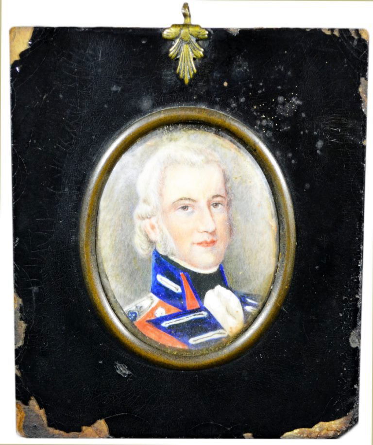 Miniature on Ivory, Major Bacon, 19th C.: Description: Miniature on Ivory, Major Bacon, 19th C. Medium: Watercolor Support: Ivory Artist: Anonymous Artist Dates: N/A Title & Description: "Major Beacon" Acrylic on Ivory. Signature: Unsigned