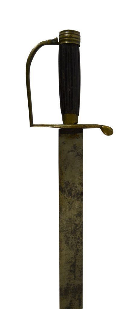Sword, Hanger, Revolutionary War, c. 1770: Sword Material: Iron, Brass, Wood Construction: Forged Marks: None Features: Hanger has brass pommel cap with a D knuckle guard wooden grip and cross guard. Period: c. 1770 Blade Size: 26"L x 1.25"W O