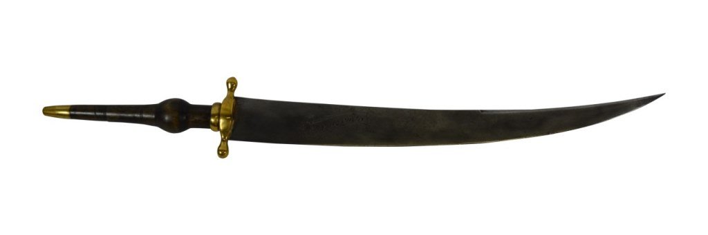 Plug Bayonet, Russian? 19th C: Bayonet Material: Iron Construction: Forged Marks: "Bramoycmr?" Features: Bayonet is composed of brass pommel cap, a wooden grip with a brass cross guard and curved iron blade. Inscription "bramoycmr"