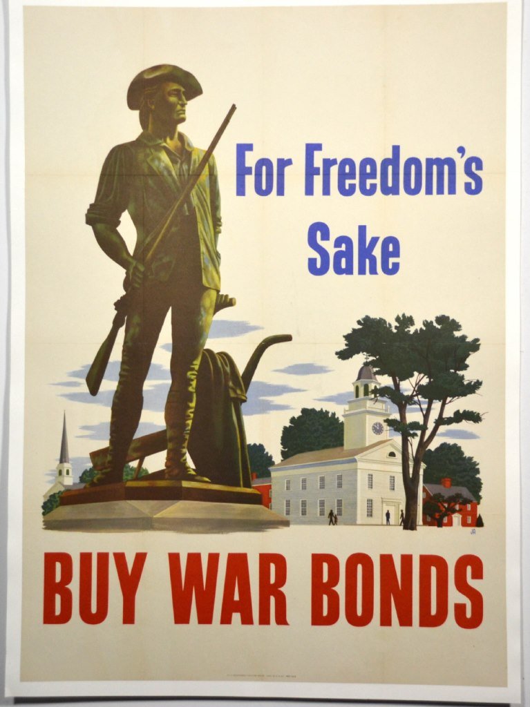 WWII For Freedom's Sake, John Atherton, Large: Artist: John Atherton Artist Dates: 1900-1952 Signed Within Plate: Yes "JA" Date of Work: 1943 Description: This poster displays a colonial militiaman holding a rifle with his hand on a plow. In the b