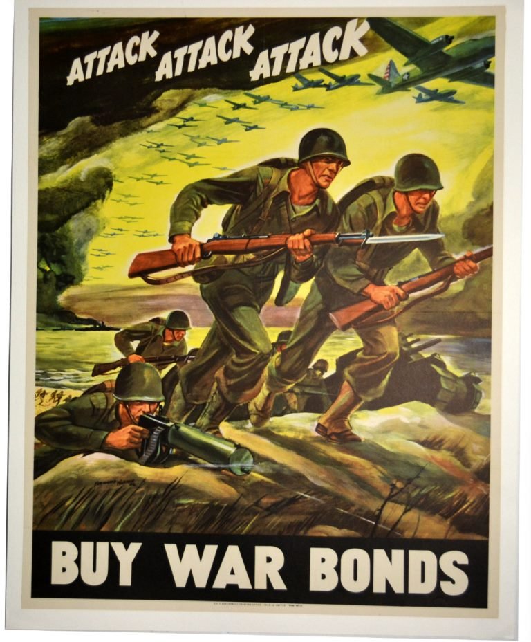 WWII Attack Attack Attack Ferdinand Warren: Artist: Ferdinand Warren Artist Dates: 1899 - 1981 Signed Within Plate: Yes Date of Work: 1942 Description: This poster linked the war in trenches with the war at home. From a practical point, it was 