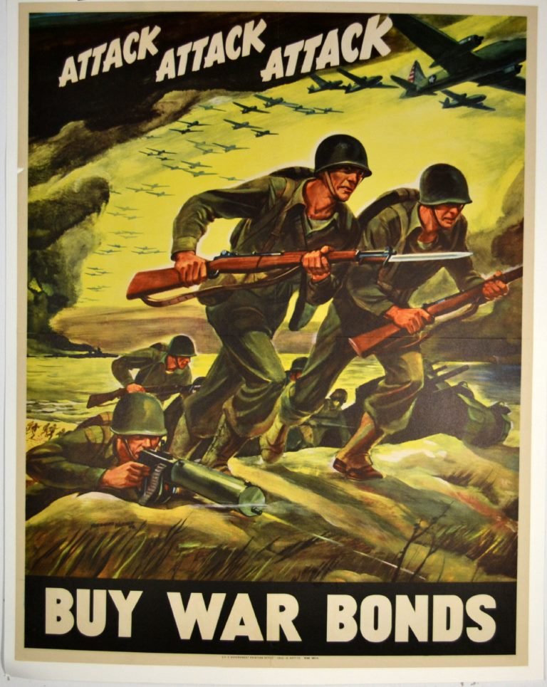 WWII Attack Attack Attack Ferdinand Warren: Artist: Ferdinand Warren Artist Dates: 1899 - 1981 Signed Within Plate: Yes Date of Work: 1942 Description: This poster linked the war in trenches with the war at home. From a practical point, it was 