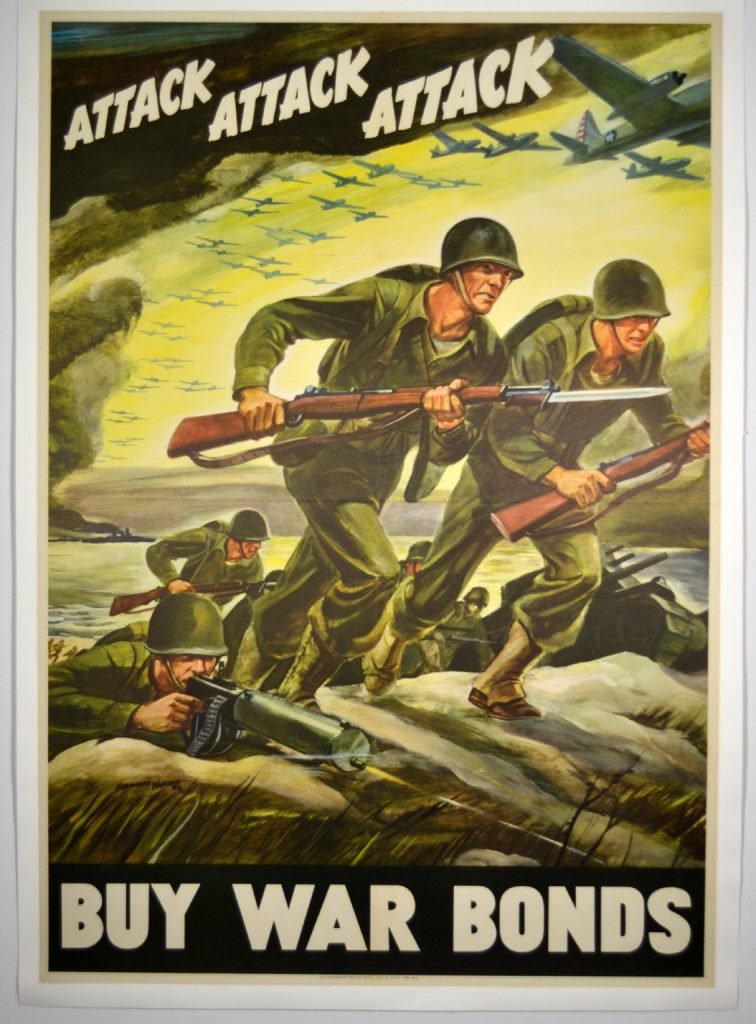 WWII Attack Attack Attack Ferdinand Warren: Artist: Ferdinand Warren Artist Dates: 1899 - 1981 Signed Within Plate: Yes Date of Work: 1942 Description: This poster linked the war in trenches with the war at home. From a practical point, it was 