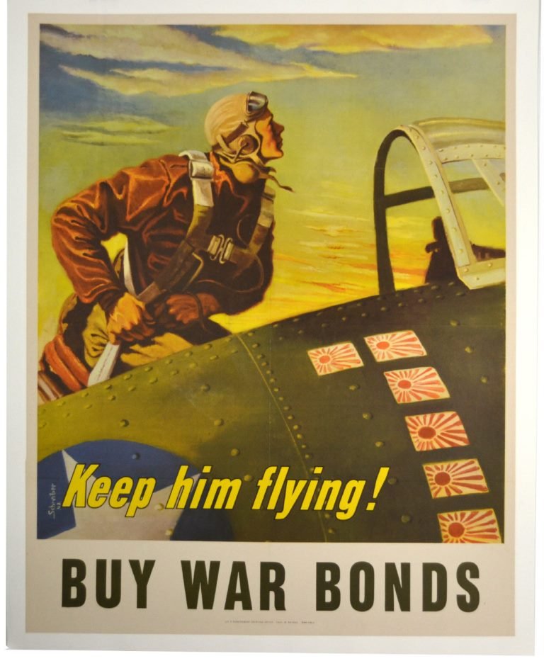 WWII Keep Him Flying, Georges Schreider: Artist: Georges Schreiber Artist Dates: 1904-1977 Signed Within Plate: Yes Date of Work: 1943 Description: In this poster a pilot climbs into his P-40 fighter plane ready to test Hirohito’s best. Si